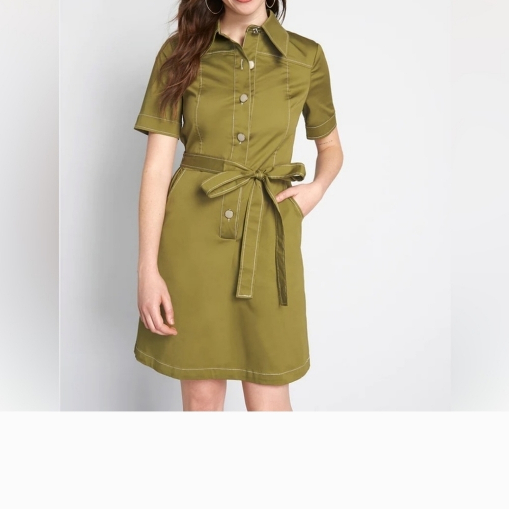 Olive Green Belted Shirt Dress - Women